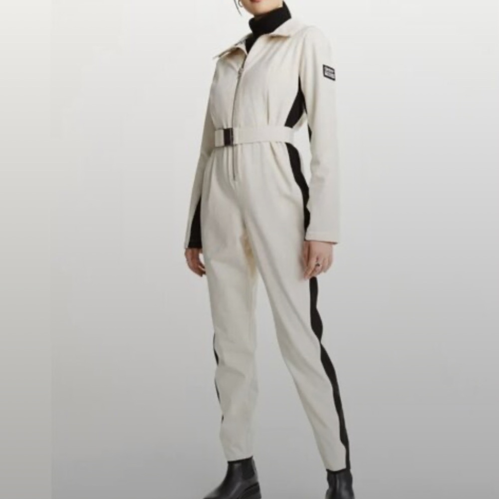 Belted One Piece Fleece Lined Ski Suit Jumpsuit Snowbib White w/ Sporty Stripes
